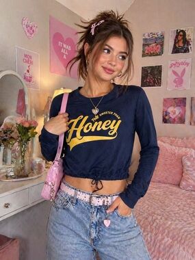 Navy “Sweeter Than Honey” Graphic Long Sleeve Top M Cinched Hem Casual Y2K Pop